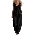 thumbnail image 2 of Women's 2 Piece Outfits Lounge Sets Women's Summer Solid Color V-Neck Shirt Top With Pocket Casual Shorts Set Black L, 2 of 6