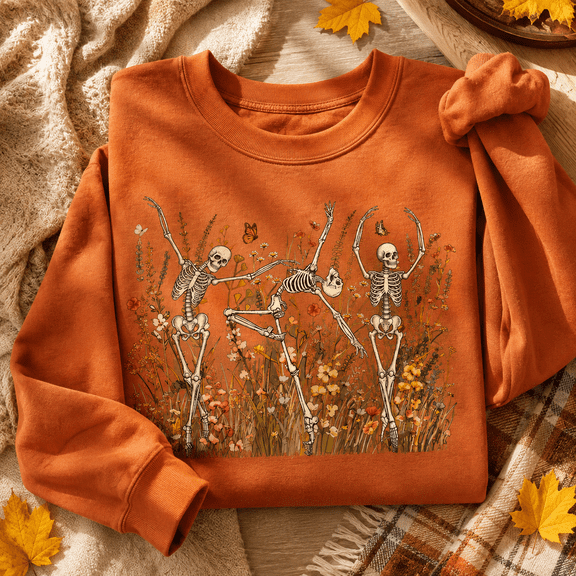 Skeletons Dancing in Floral Garden Halloween Graphic Crewneck Sweatshirt, Unisex Fit