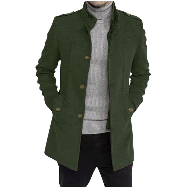 WRKEKC Jackets for Men Solid Color Stand Collar Button Down Wool Blend Jacket with Pockets Faux Two Piece Style for Fall Winter Casual Office and Formal Occasions