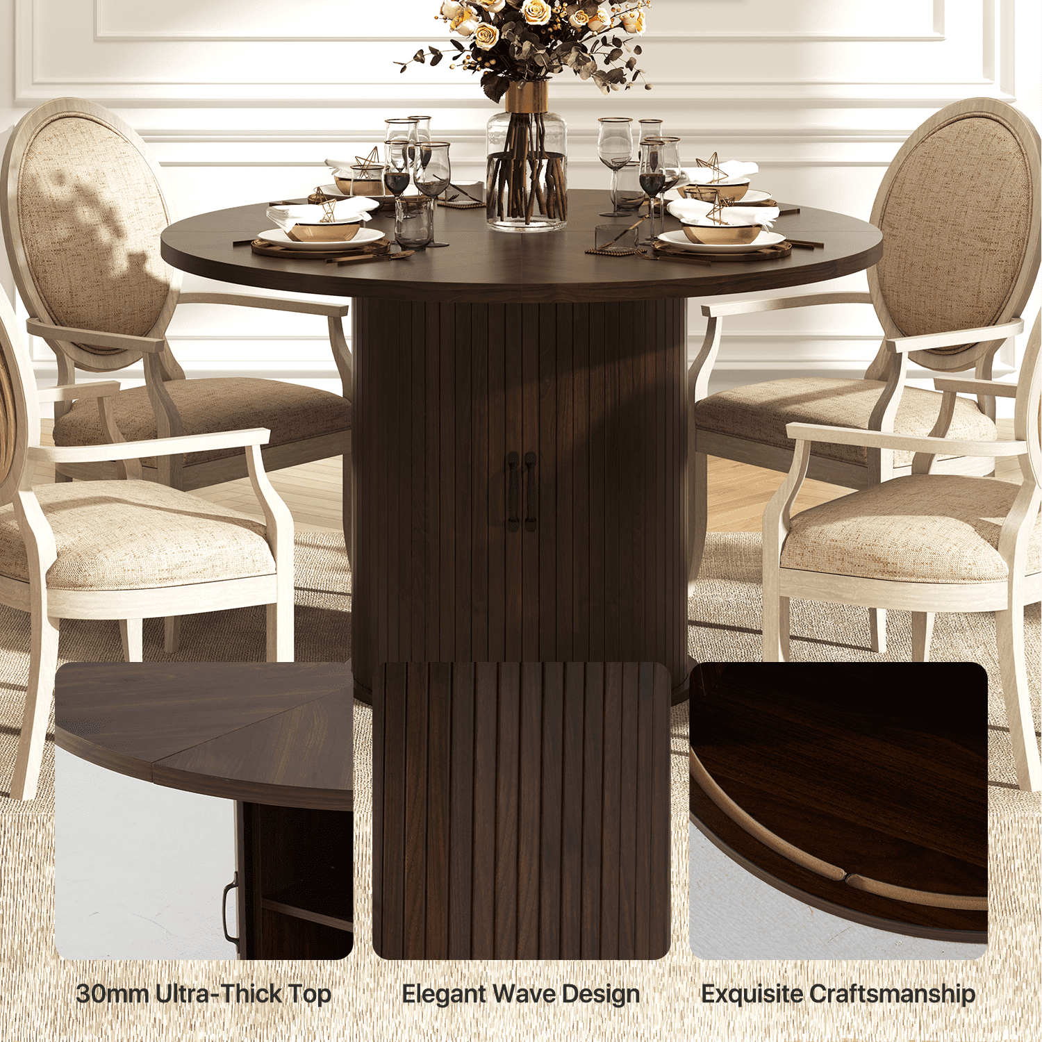 Sonegra 47" Round Dining Table with Storage, Modern Fluted Circle Kitchen Table with 2-Layer Storage and Sliding Door, for Kitchen Living Room, Brown