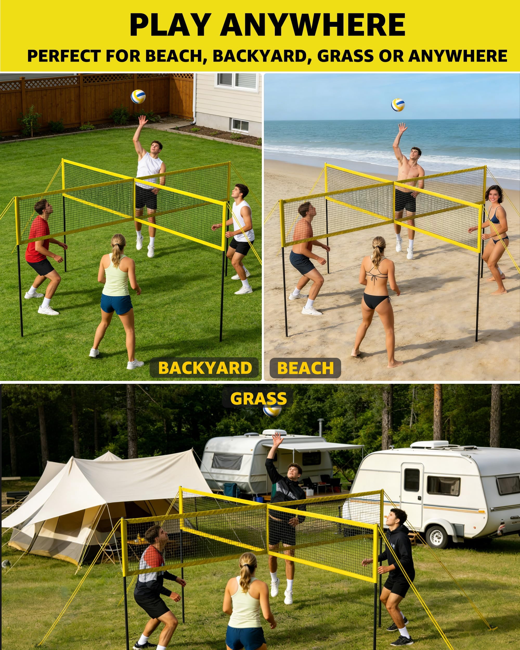 4 Square Volleyball Game Set - 4 Way Cross Net For Backyard & Beach  Portable Outdoor Badminton Combo 4 Person Four With Carrying Bag
