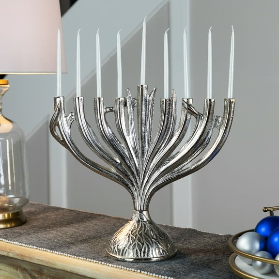 Northlight Textured Tree Branch Textured Metal Hanukkah Menorah - 15.5" - Nickle Silver