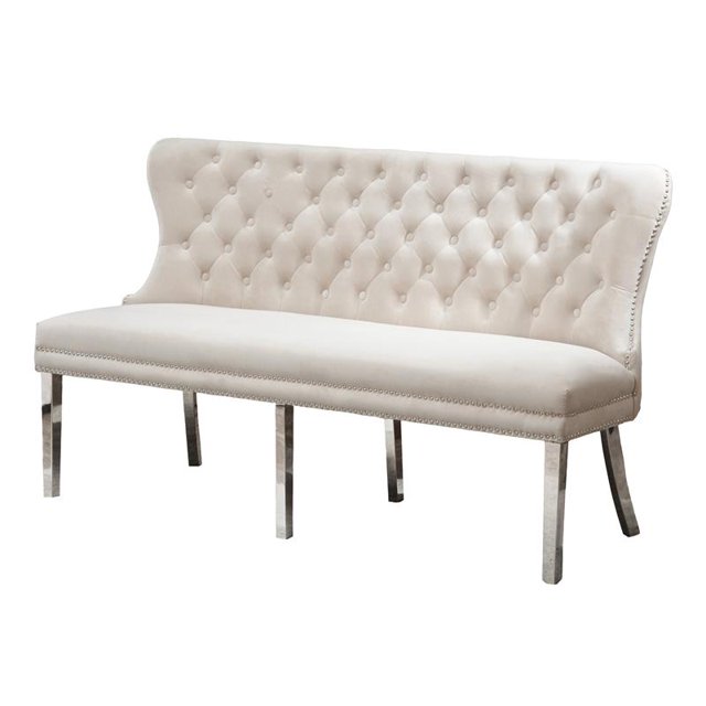 Cream Velvet Bench with Tufted Seat and Silver Stainless Steel Legs