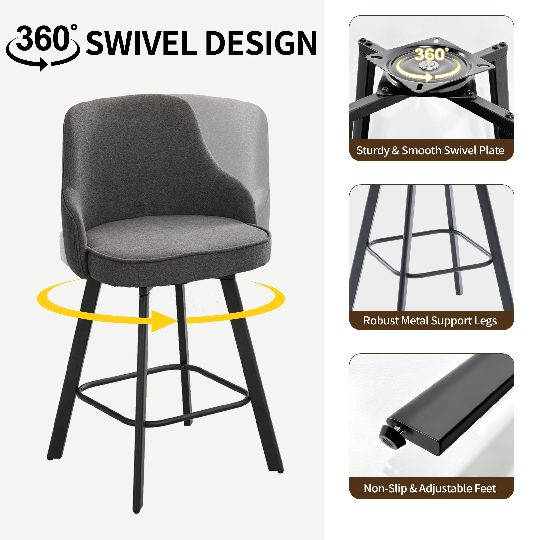 FIRAVOE Bar Stools Set of 3, 26" Swivel Barstools Counter Height Bar Stools with High Back, Linen Bar Chairs Counter Stools for Kitchen Island, Gray