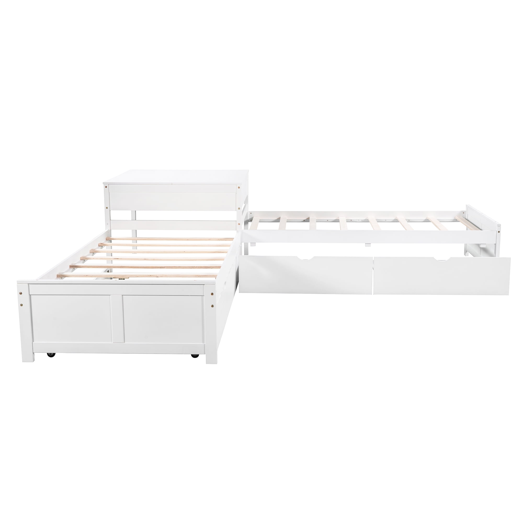 Euroco Pine Wood L-Shaped Twin Platform Bed with Trundle, 3 Beds in One for Bedroom, Trundle Bed with Drawers and Built-in Desk, White