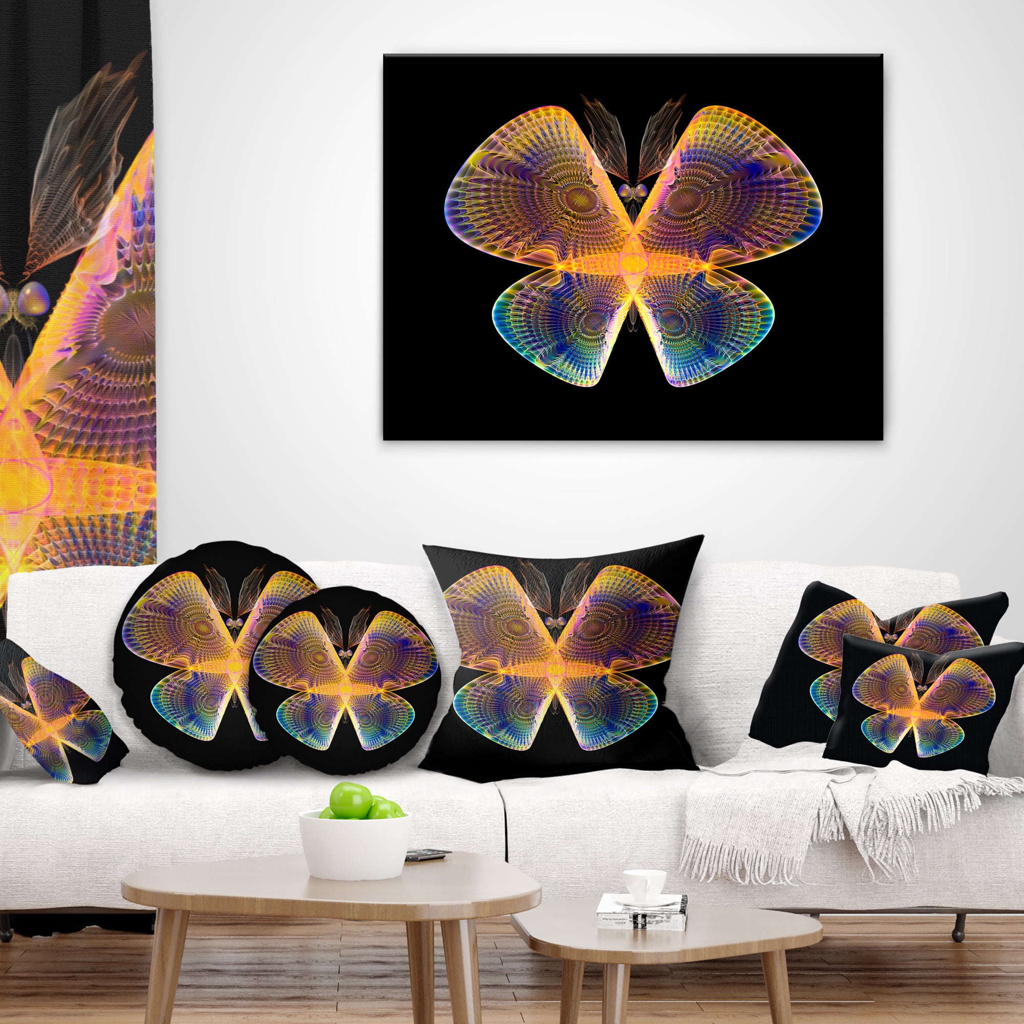 Designart Blue Yellow Fractal Butterfly in Dark - Abstract Throw Pillow - 16x16