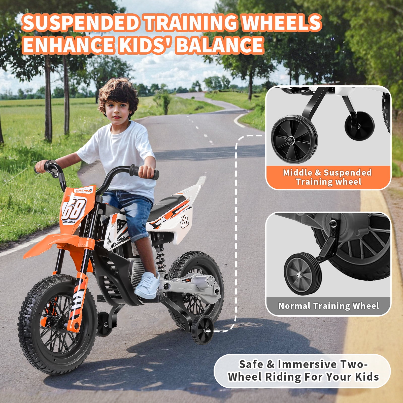 Funcid 12V Electric Dirt Bike with Twist Grip Throttle, Ride on Motorcycle with 2 Training Wheels, Suitable for Ages 3-8, Bluetooth, MP3, Dual Motors, Spring Suspension