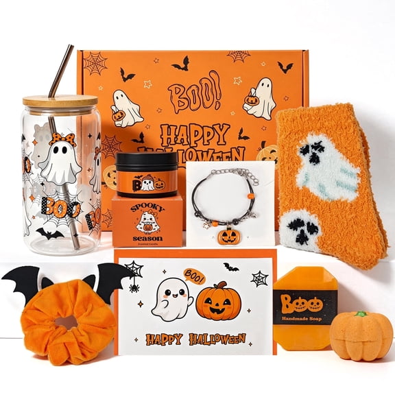 Boo Basket Stuffers for Women, 8 Pcs Halloween Gifts for Women Adults Teens Girls with Cup, Bracelet, Socks, Bath Ball and Candle, Pumpkin Halloween Personal Care Orange