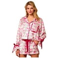 thumbnail image 3 of Lightweight Summer Pajamas Christmas Bow Print Cozy Long Sleeve Drawstring Shorts Set Sleepwear for Women,Red,L, 3 of 9