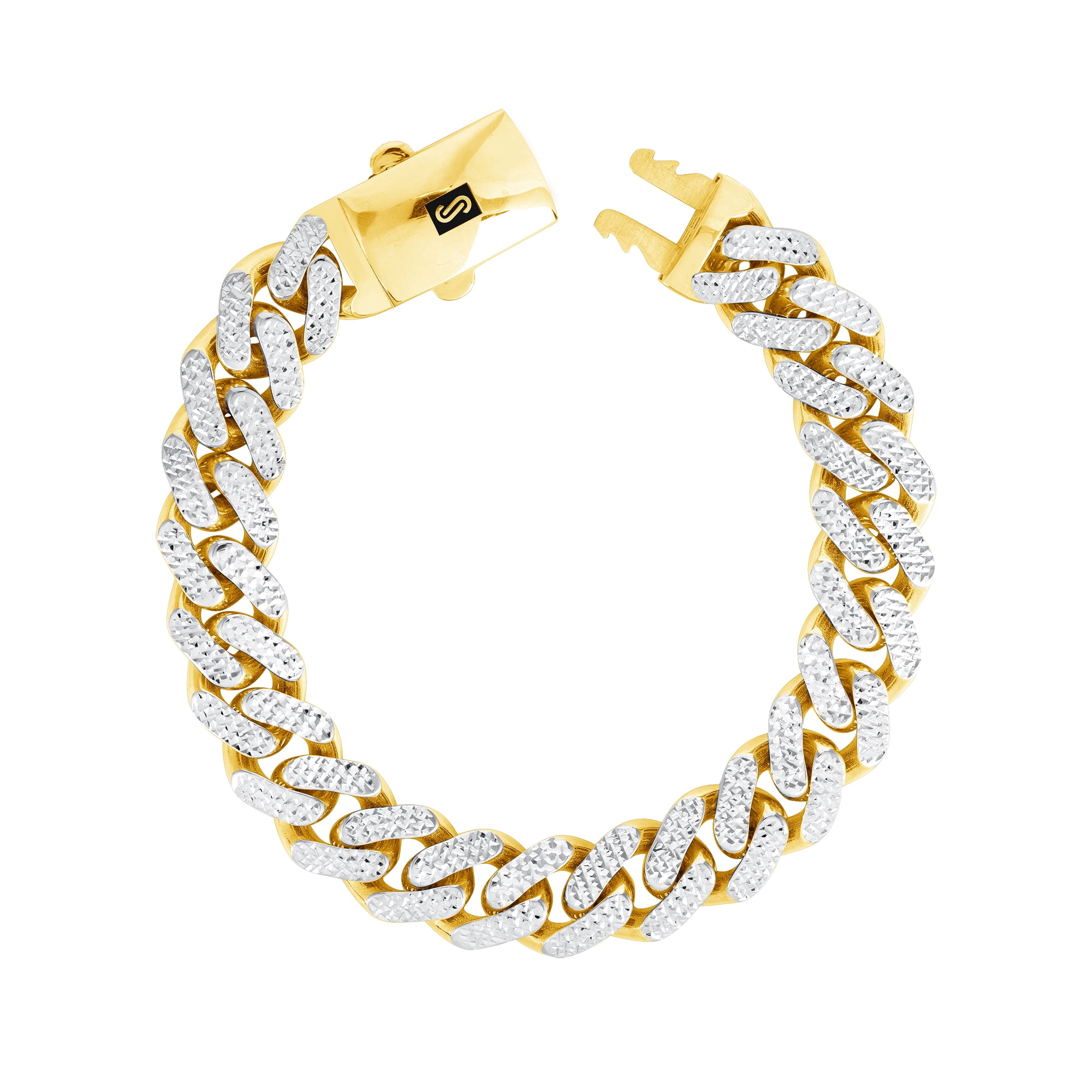 Nuragold 10k Real Yellow Gold Royal Monaco 13mm Miami Cuban Diamond Cut Pave Link Bracelet (8"-9") Two Tone Italian Jewelry for Men