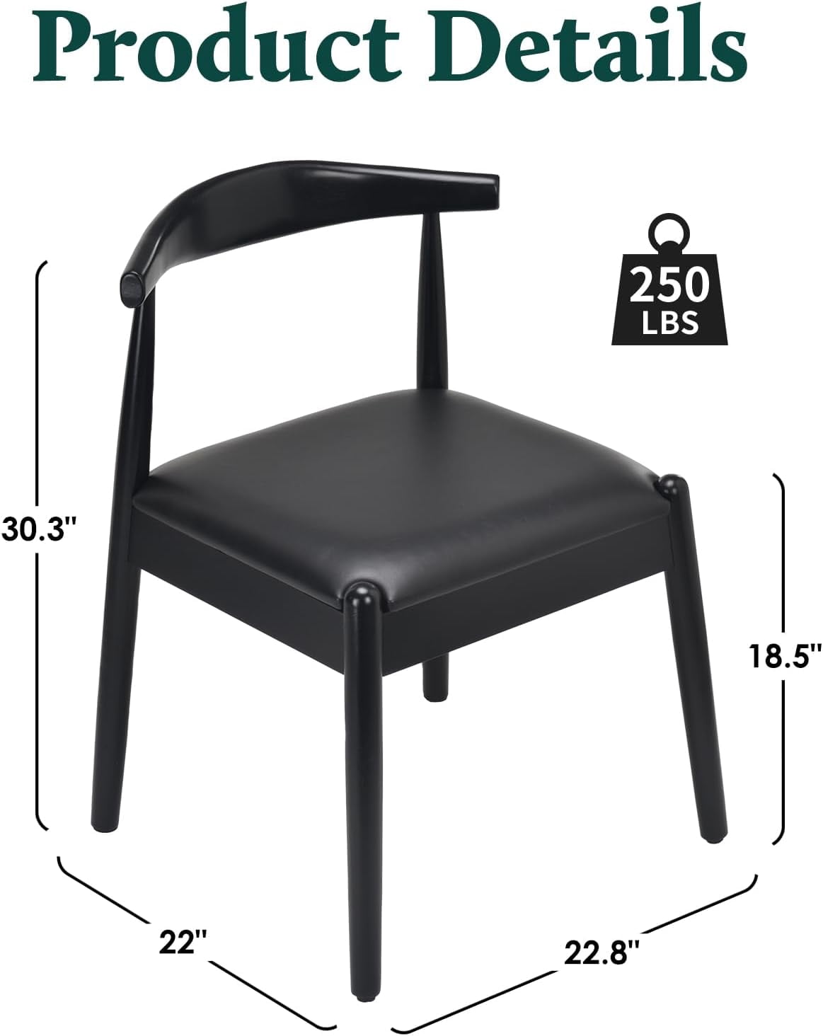 Farini Mid-Century Dining Chairs Set of 2, Solid Wood Frame & PU Leather Upholstered Seats, Black
