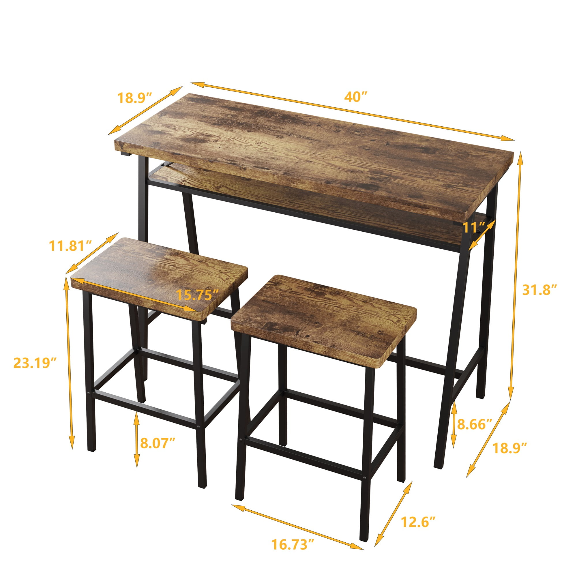Resenkos 3 Piece Counter Height Bar Table Set with 2 Stool, Kitchen Dining Room Pub Breakfast Table and Chairs Furniture Set, Brown Resenkos 3 Piece Counter Height Bar Table Set with 2 Stool, Kitchen Dining Room Pub Breakfast Table and Chairs Furniture Set, Brown