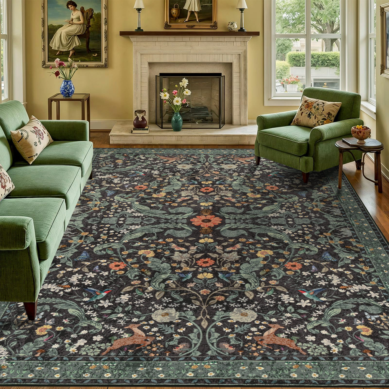 Bleum Cade 5'x7' Dark Floral Area Rug for Living Room, Vintage Boho Washable Low Pile Rug, Distressed Retro Ultra Soft Non Slip Stain Resistant Indoor Carpet for Bedroom Dining Room Home Decor