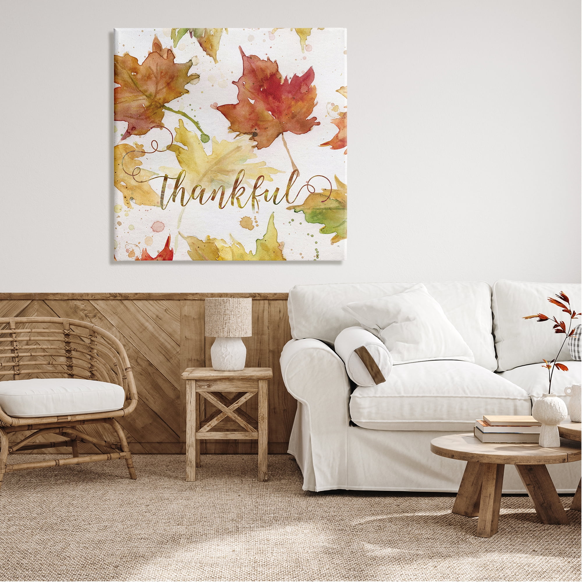 Stupell Industries Thankful Fall Leaves Holiday Painting Gallery Wrapped Canvas Print Wall Art, 36 x 36