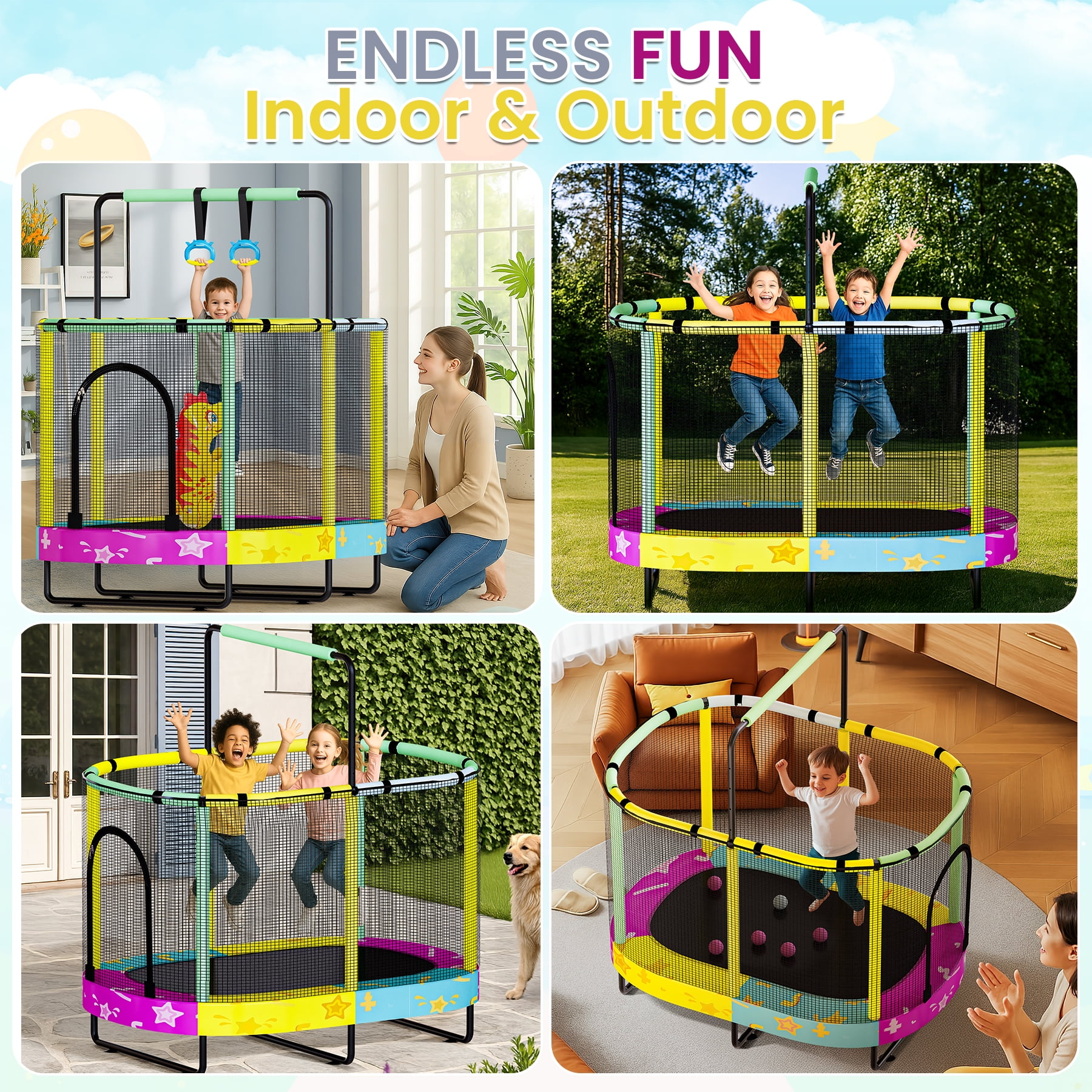 Baxluxe 60" Kids Trampoline 7-in-1, Elliptic Toddler Trampoline with Safety Enclosure Net, Height Adjustable Handrail & 500lbs Capacity, Mini Bouncer with Swing for Age 3-8, Stars