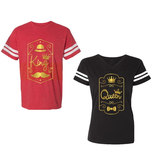 King Queen Pentagon Gold Unisex Couple Matching Cotton Jersey style T-Shirt Contrasting stripes on sleeves (Men Red / Women Black) (Men S / Women S)