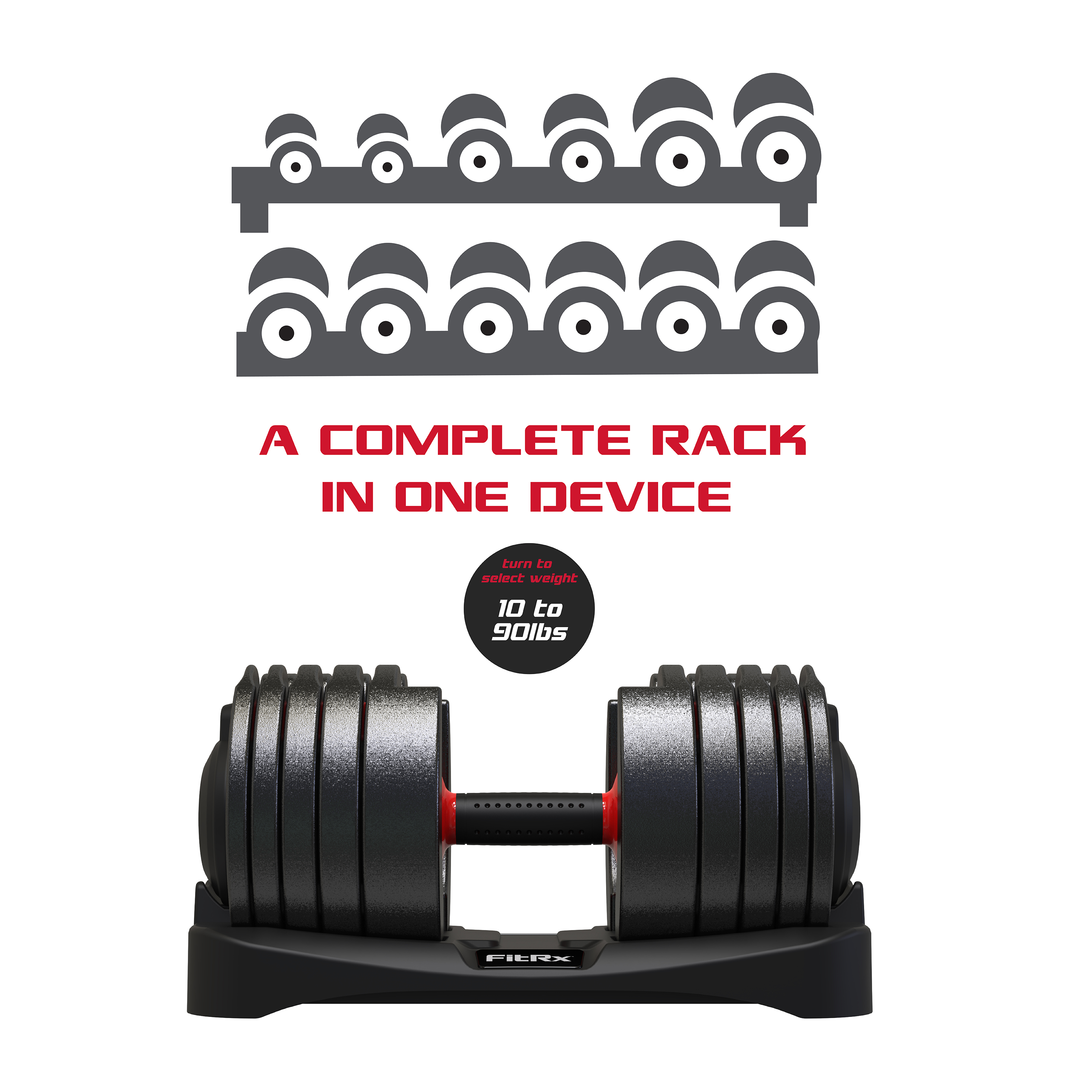 FitRx SmartBell XL, Quick-Select Adjustable Dumbbell, 10-90 lbs. Weight, Black, Single - image 4 of 10