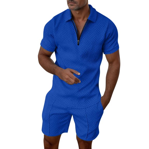 Daolelai Men's Casual Corrugated Lapel Short-Sleeved T-Shirt Shorts Two-Piece Suit