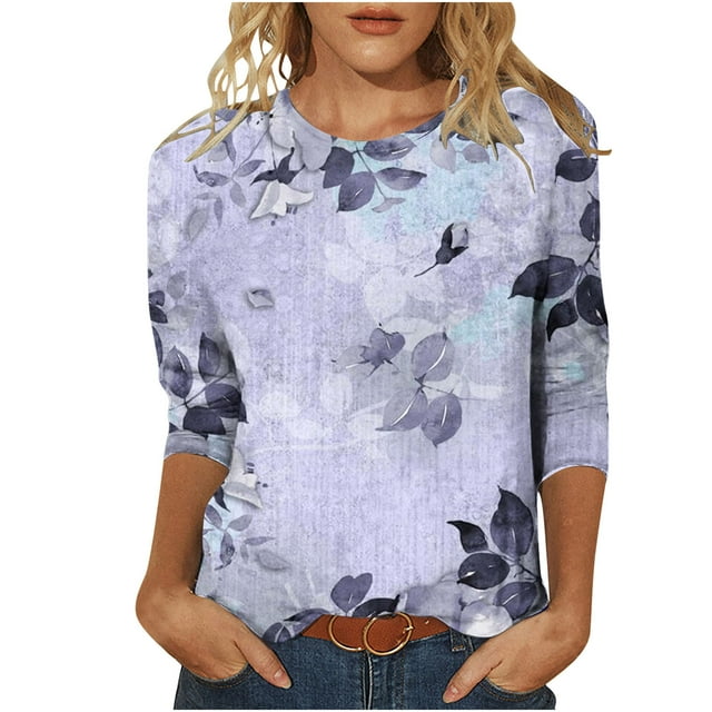 Pompotops T-shirt Ample Imprimé pour Femme Blouse à Manches 3/4 Col Rond Hauts Décontractés Liquidation