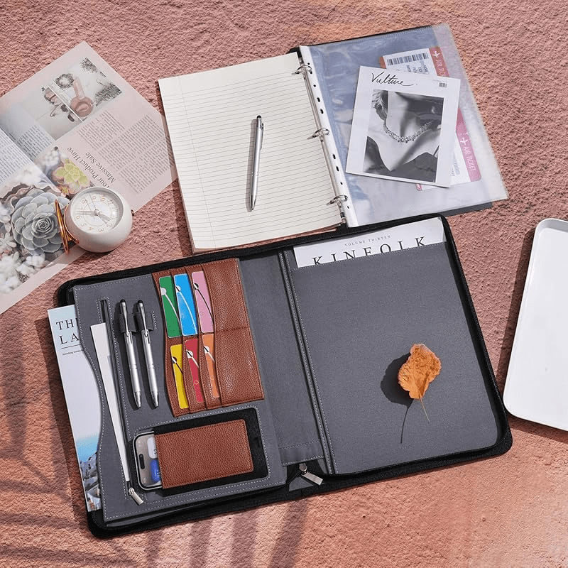 Wonderpool Travel Zippered Portfolio 3 Ring Binder A4 Padfolio Document Case with Removable Clipboard Legal Pad Holder, Business Office School Organizer for Men and Women (Brown)