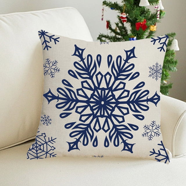 Fundas de almohada navideñas de 45 x 45 cm con estampado de copos de nieve y ciervos rojos y blancos, decorativas para el hogar, sofá, cama, coche, de lino.