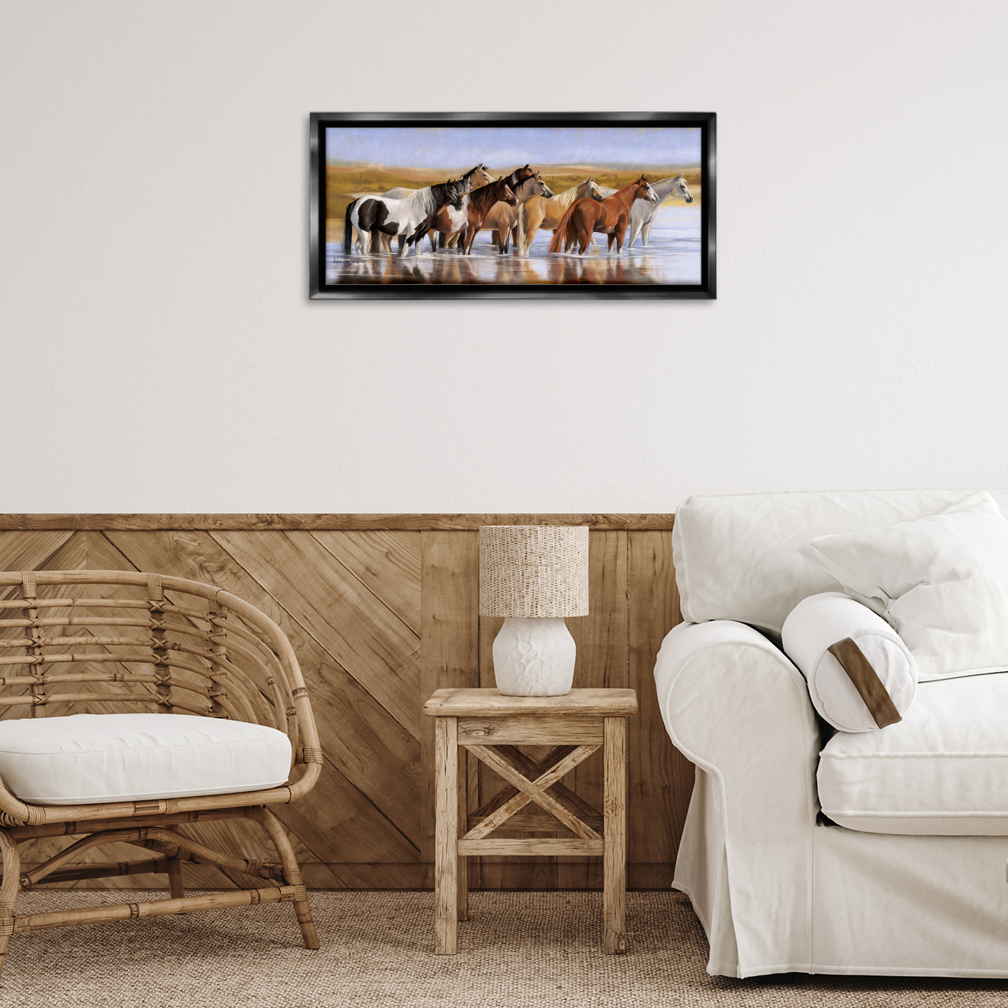 Stupell Industries Horse Herd in River Animals & Insects Painting Black Floater Framed Canvas Art Print Wall Art, 25 x 11