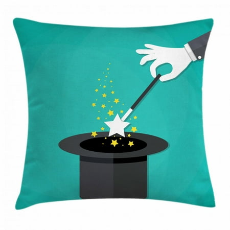 - Wizard Throw Pillow Cushion Cover, Hands in White Gloves Holding a Magic Wand with Stars above Black Hat, Decorative Square Accent Pillow Case, 16 X 16 Inches, Turquoise Grey Yellow, by Ambesonne