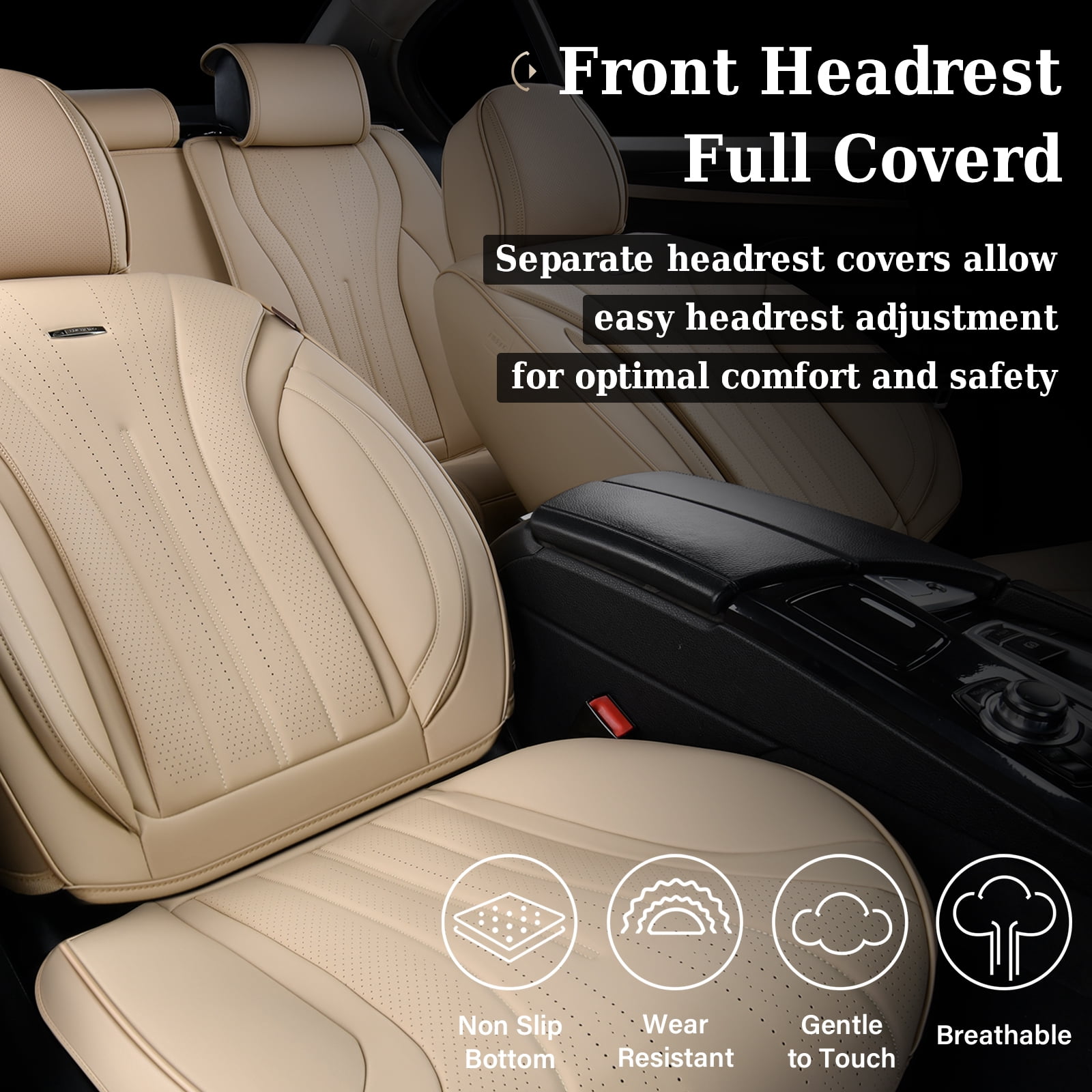 Coverado Full Set Car Seat Covers, Waterproof Faux Leather Front and Rear Seat Protector, Breathable Seat Cushions Universal Fit for Most Cars, Beige