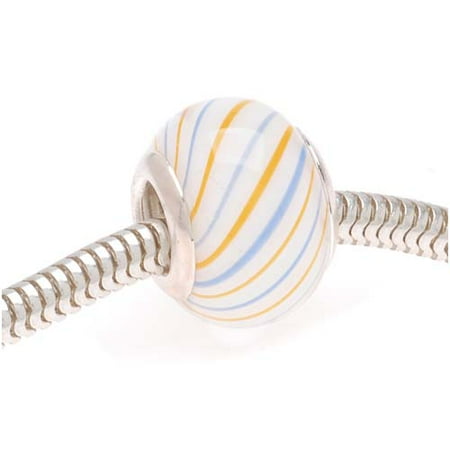 Hand Blown Glass White W Orange And Blue Stripes Euro Style Large Hole Bead