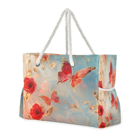 DIXRUYEE Beach Cooler Travel Tote Bags Beach Bag Fashion Midjourney_ffyy4_3d_art_red_butterflies_and_roses_pink_and_blue_background_eba1e458-1e4b-4215-a5fe-5 Printed