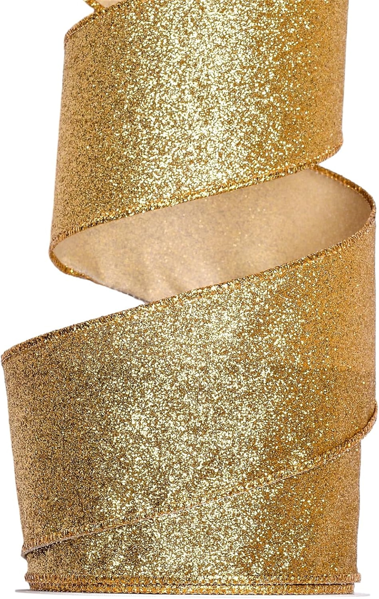 2 Rolls Gold Metallic Wired Edge Ribbon,Bexikou Glitter Wired Ribbon with Metallic Edge,Christmas Decor for Wreath, Tree, Craft Bows,Gift Wrapping & Home,2.5" x 20 Yards