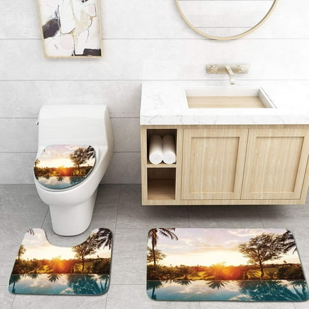 CHAPLLE Hawaiian Home Swimming Pool at Sunset Tropics Palms Private Villa Resort 3 Piece Bathroom Rugs Set Bath Rug Contour Mat and Toilet Lid
