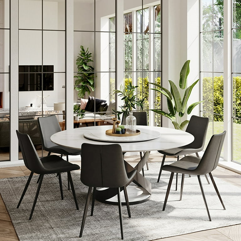 POVISON 59 Modern Glossy Dining Table For 6 With Lazy Susan White Round Sintered Stone Tabletop with Black X Carbon Steel Base Walmart