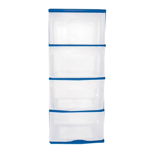 Cajonera Italhome 4 Niveles Plástico Azul con cuatro cajones altos transparentes y marco azul, apta para interiores y exteriores, con deslizadores que facilitan su manejo y diseño que permite ver el contenido, ideal para mantener orden en el hogar y también usada para organizar materiales de oficina.