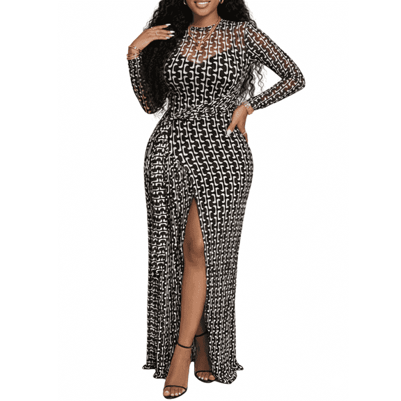 CHICME 2 Piece Dresses Sets for Women Geometric Print Sheer Long Sleeve Tie Waist Maxi Dress with Strap Mini Dress Black-S