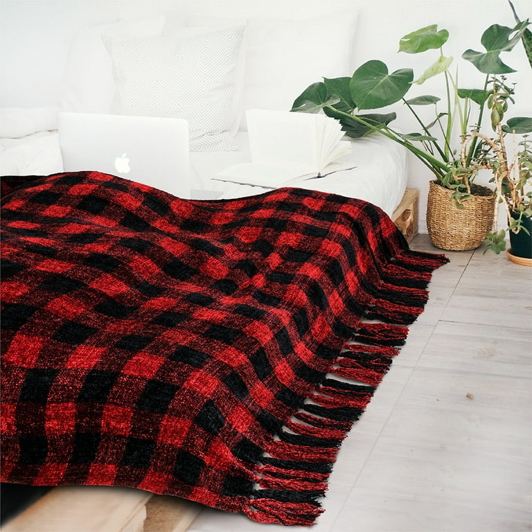 PAVILIA Plaid Chenille Throw Blanket for Couch, Soft Black and Red