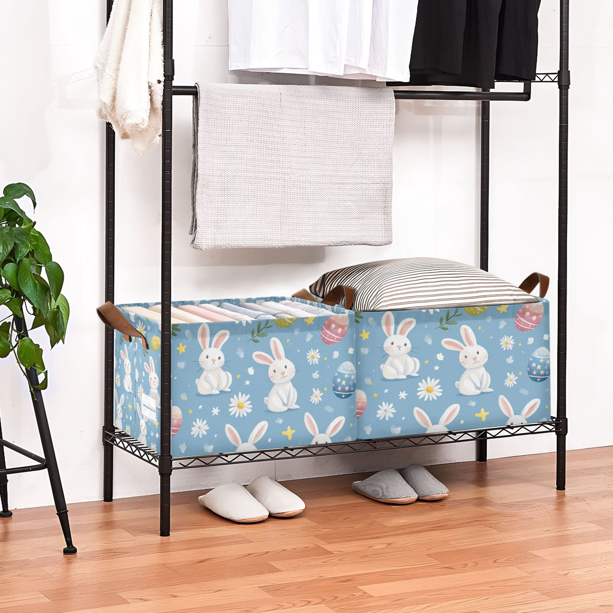 Yayeee Foldable Storage Basket for Shelves Waterproof Cloth Bins with Handles, Cartoon Easter Bunnies
