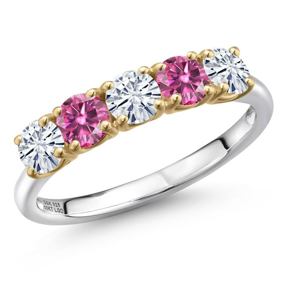 Gem Stone King 925 Silver and 10K Yellow Gold White Moissanite and Pink Moissanite Wedding-Bands Ring for Women | 1.15 Cttw | Round 4MM | Gemstone Birthstone | Size 9
