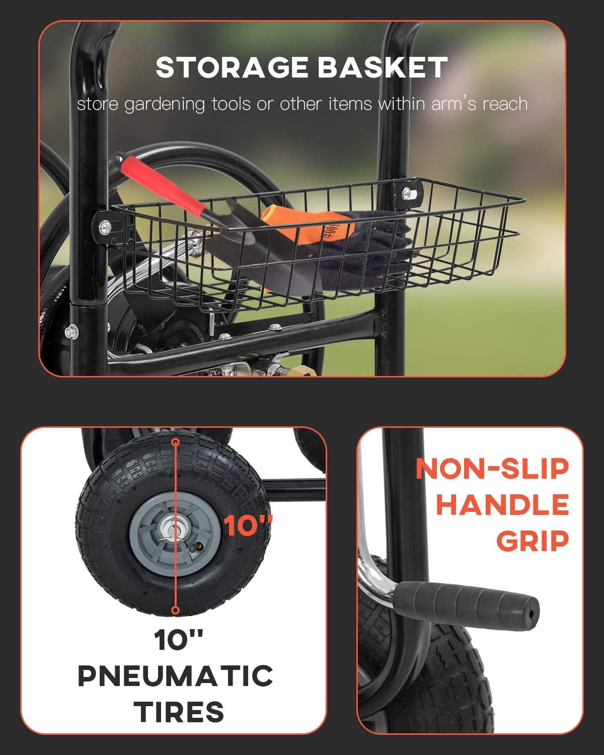FDW Garden Hose Reel Cart, Water Hose Cart with 4 Wheels, Hold Up to 300 ft of 5/8’’ Hose,Black
