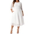 thumbnail image 2 of Robe Grande Taille pour Femmes Dentelle Florale Col Rond Manches 3/4 avec Poche Robe de Cocktail Tricotée 2X Blanc, 2 of 6
