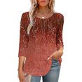 thumbnail image 5 of BangWanChi Women's New 3/4 Sleeve Round Neck Cover Casual Pleated Tunic Top Curved Hem Printed Fashion Tops, 5 of 6