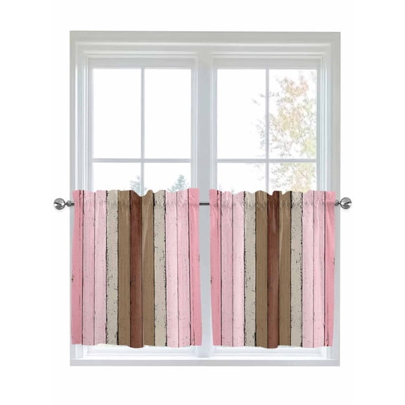 Half Window Curtains 24 Inches Long, Pink Wood Grain Window Treatment Curtain Drapes, Brown Vintage Mottled Country Stripes Short Curtains Tiers for Kitchen Over Sink, 27.5"x24", 2 Panels