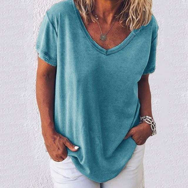 Femmes Lâches Grande Mode Décontractée Simple Couleur Unie V-Cou à Manches Courtes T-Shirt
