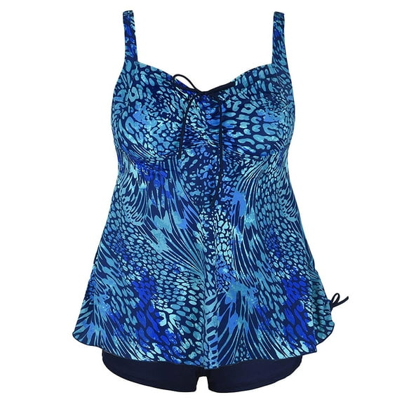 Womens Plus Size Blue Leopard Print Tie Back Fashion Swimsuit Tankini Swimwear Set