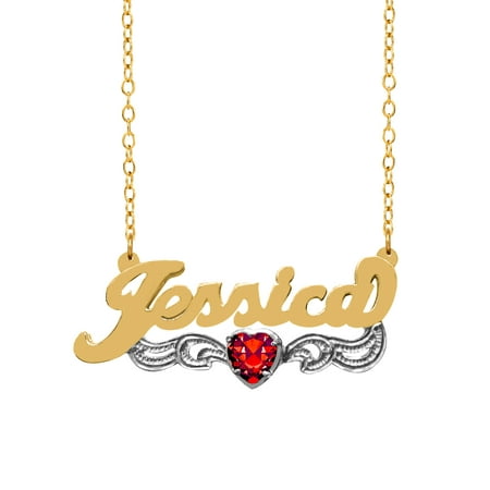 Personalized Heart-Shaped Birthstone Name Necklace with Beading and Rhodium on Tail