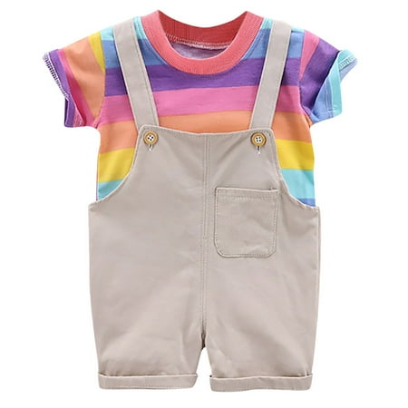

GWAABD Summer Outfits for Girl Beige Cotton Blend Toddler Kids Baby Girls Rainbow Stripe Tops+Solid Suspenders Shorts Outfits Set 80/S