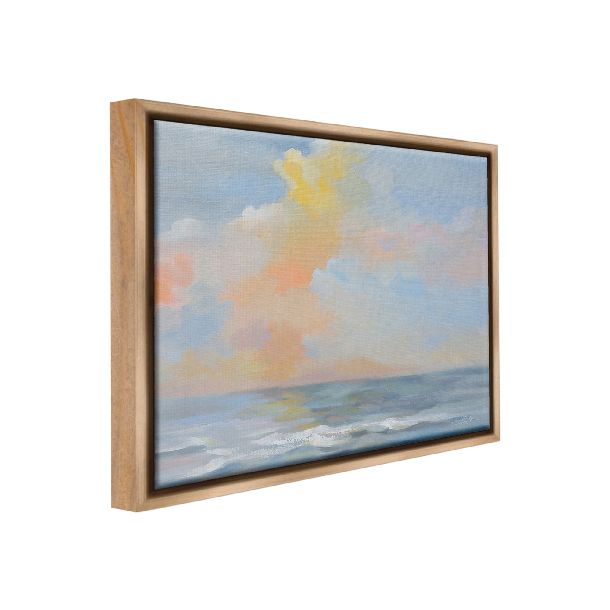 Stupell Industries Sea & Pastel Clouds Landscape Painting Brown Floater Framed Canvas Art Print Wall Art, 21 x 17
