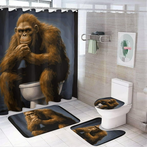 4 Pcs Bathroom Shower Curtain Set,Bathroom Sets with Rugs (Bath Mat,U Shape and Toilet Lid Cover Mat), Bigfoot Sitting On Toilet Bathroom Decor Set