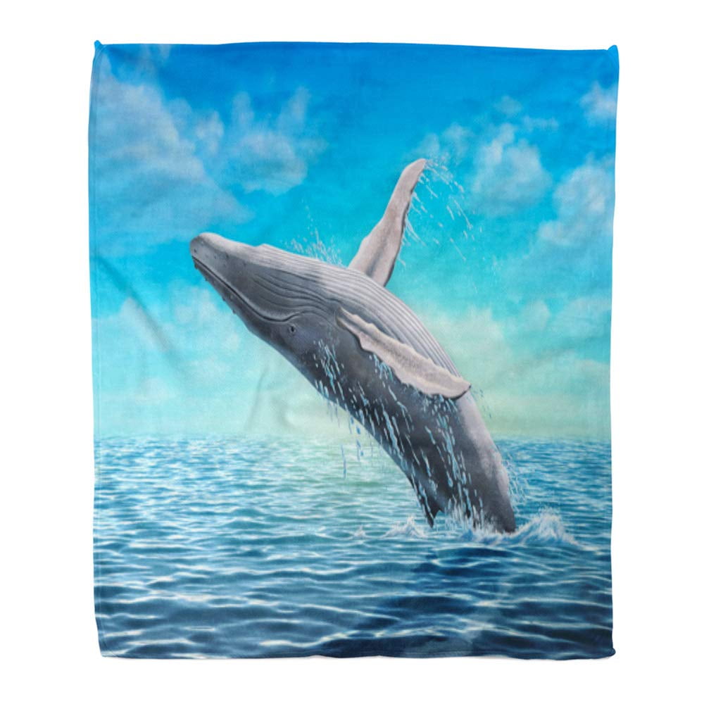 HATIART Throw Blanket Warm Cozy Print Flannel Blue Ocean Humpback Whale Jumping Out of Water Digital Painting Aquatic Comfortable Soft for Bed Sofa