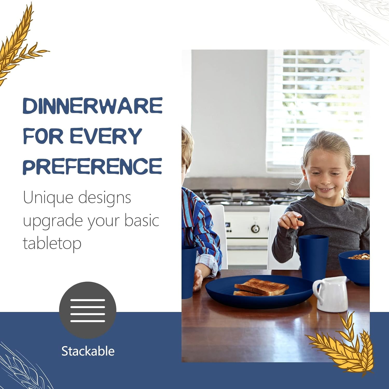Teivio 16-Piece Kitchen Plastic Wheat Straw Dinnerware Set, Service for 4, Dinner Plates, Dessert Plate, Cereal Bowls, Cups, Unbreakable Plastic Outdoor Camping Dishes, Midnight Blue